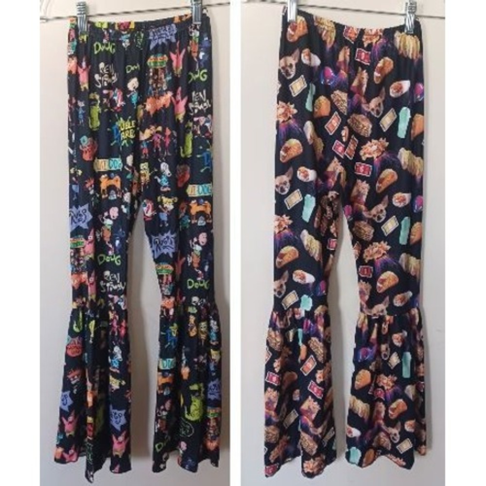 Girls 14/16 Novelty Bell Bottom Pants Lot Cartoon‎ Character Taco Print Flare